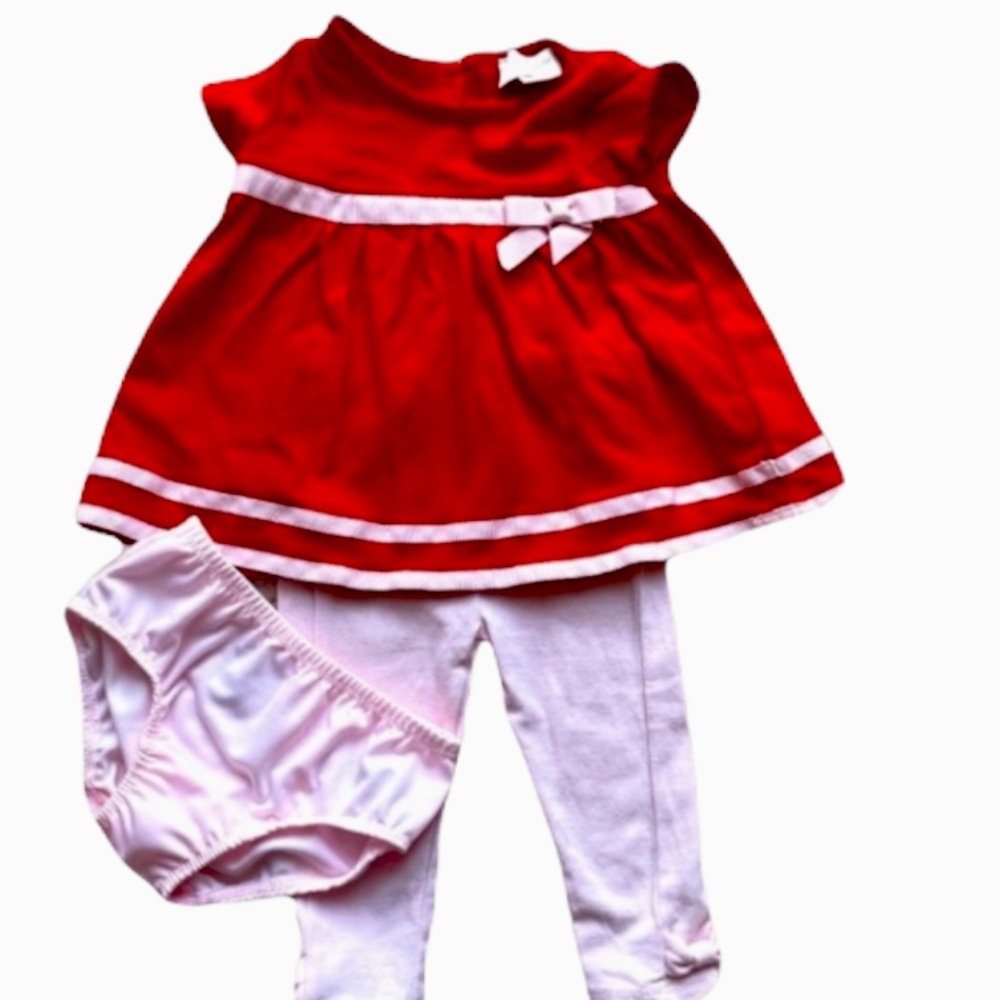 INFANT SIZE 6 MO. KATE SPADE OUTFIT 3-PIECES LEGGINGS TOP BLOOMERS RED PINK …
